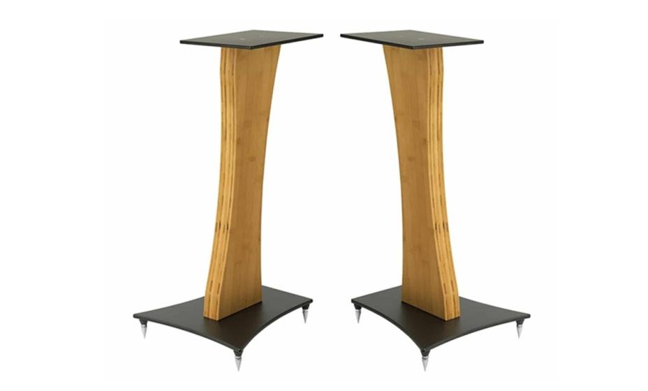 Quadraspire speaker stands in natural bamboo